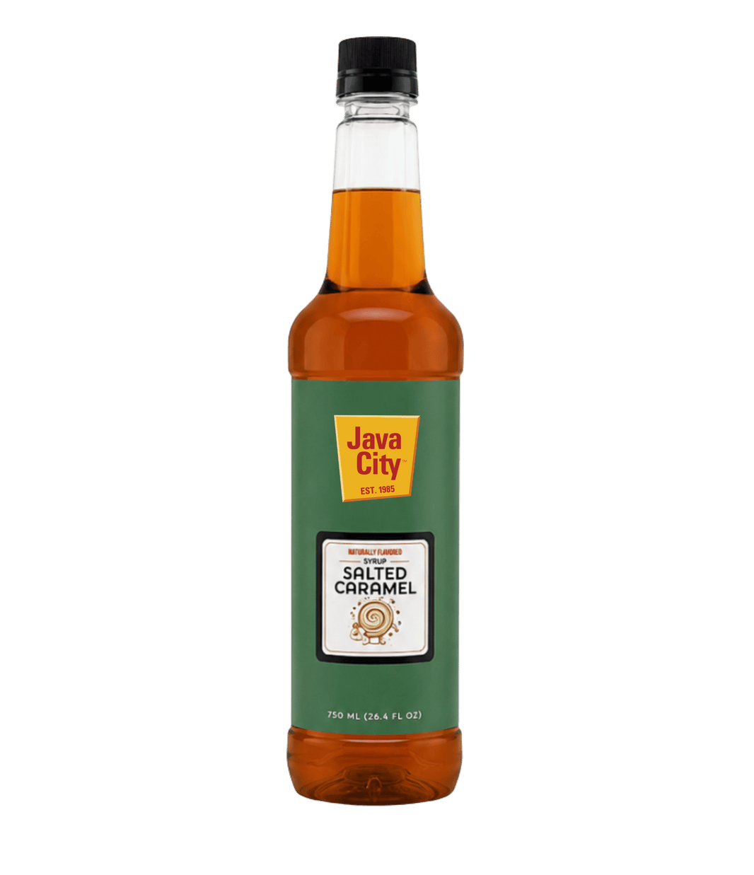 A bottle of Java City Salted Caramel Syrup against a solid dark green background. The syrup inside the clear bottle is amber brown, and the label is dark green with a yellow Java City logo.