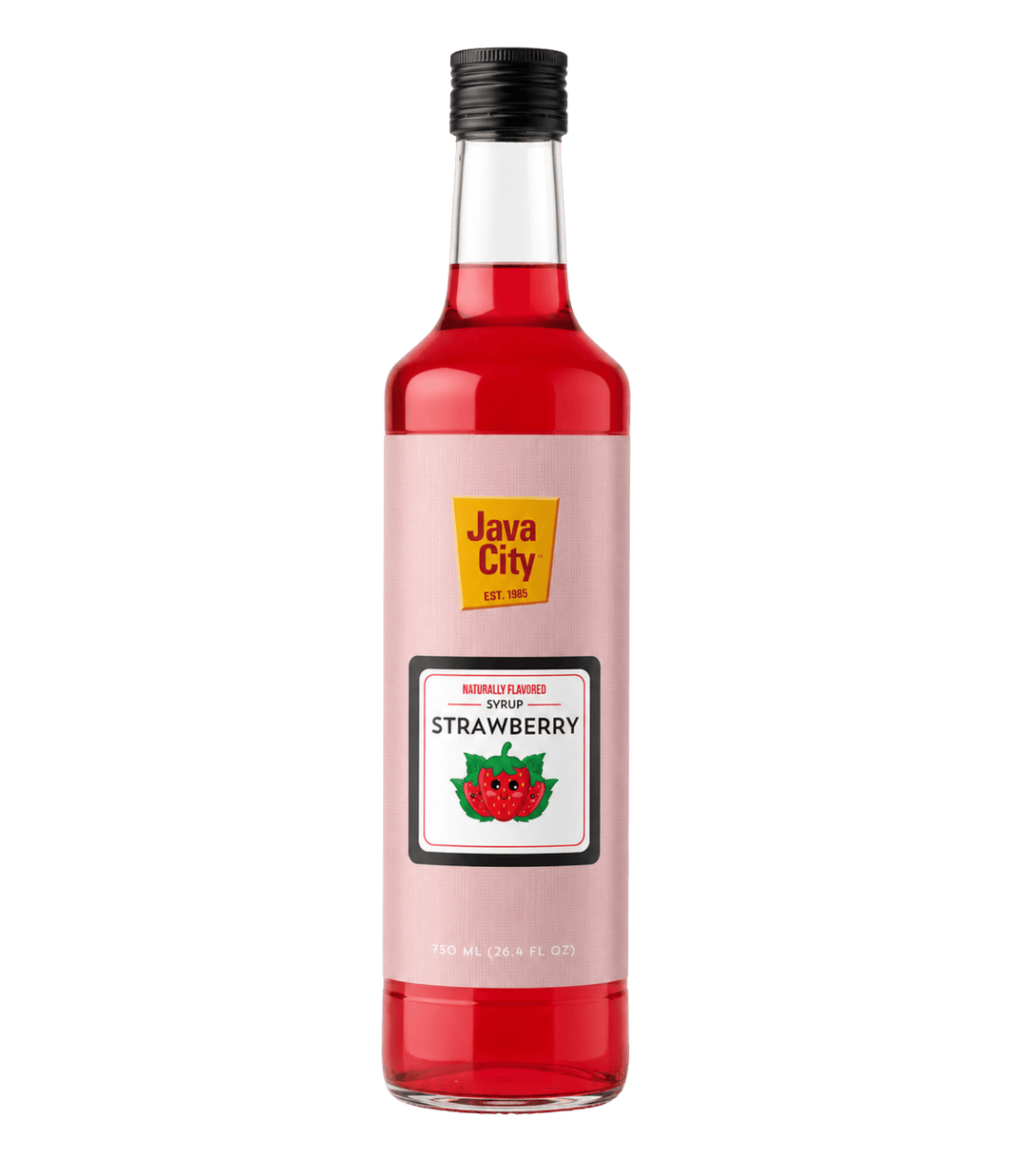 A bottle of Java City Strawberry Syrup with a light pink label, red liquid inside, and a black cap, shown on a plain white background.