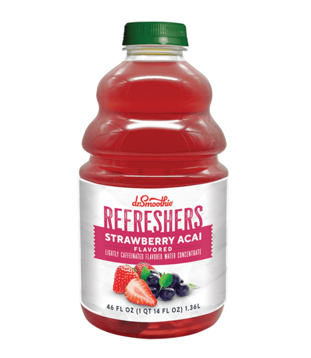 Bottle of strawberry acai flavored juice concentrate with a green background