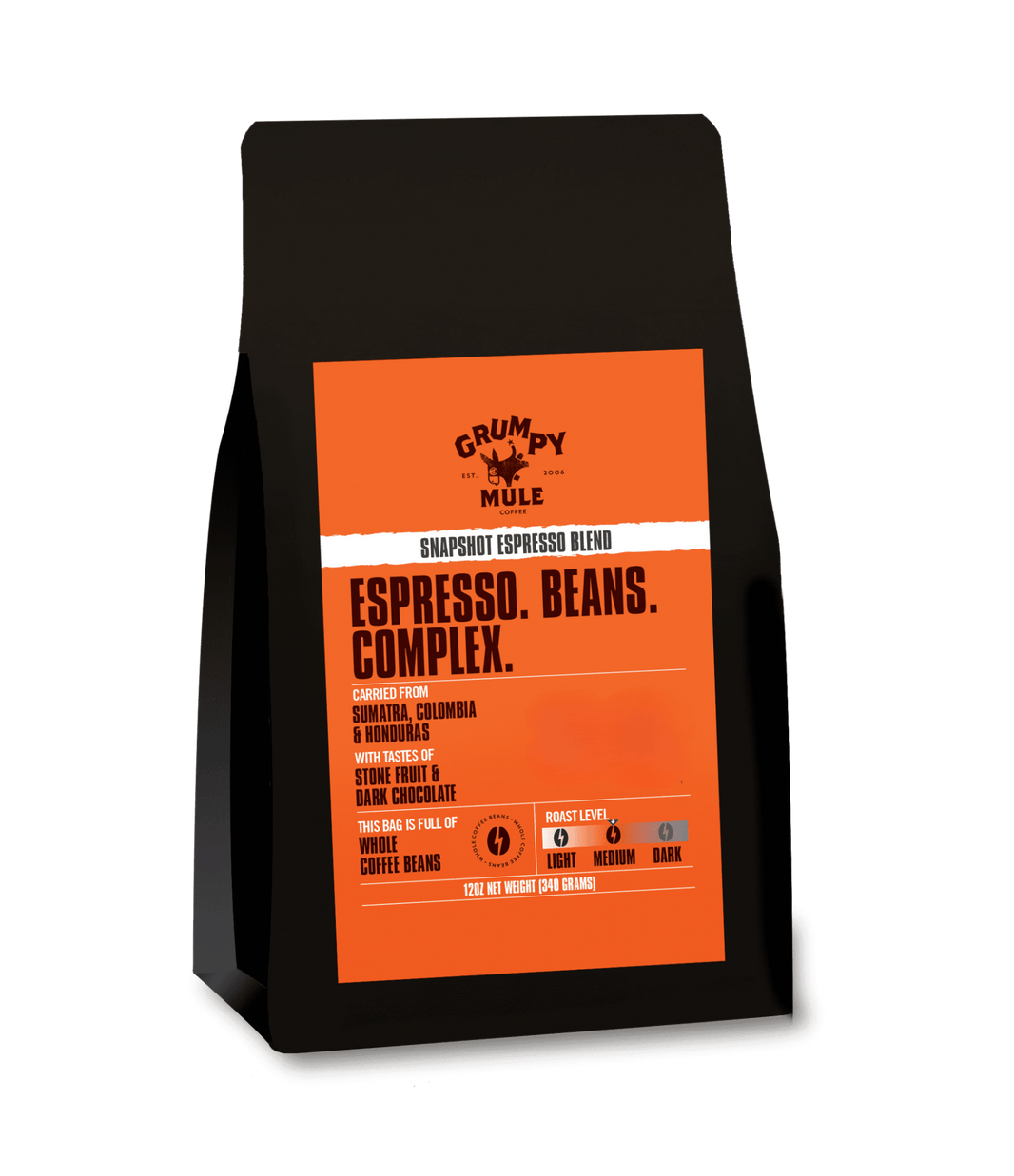 Coffee bag with orange label featuring 'Grumpy Mule' brand on a transparent background