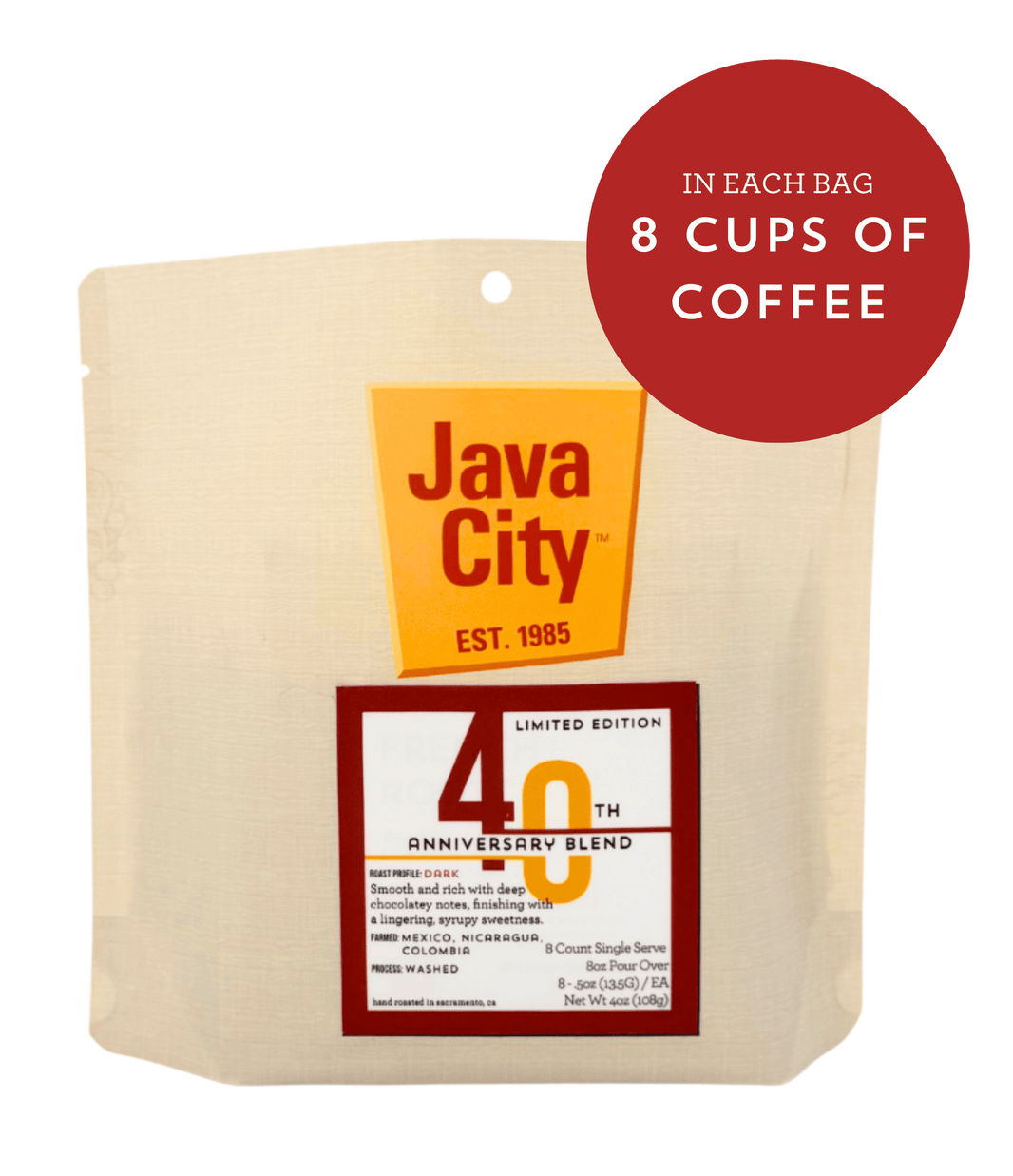 image Java City single-serve coffee bag with text indicating 8 cups of coffee per bag