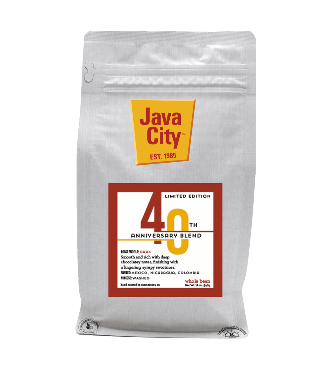 Java City dark roast coffee bag with 40th anniversary blend label on a transparent background