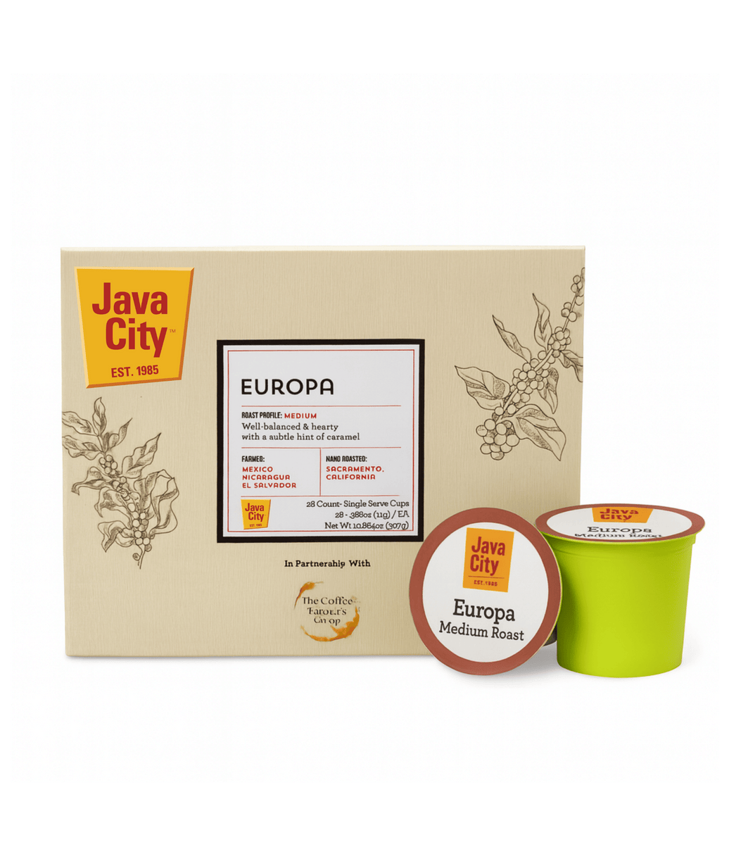 Java City Europa coffee packaging with a box and two single-serve cups on a white background