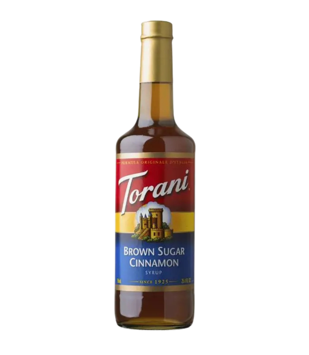 Torani Brown Sugar Cinnamon syrup bottle on a white background