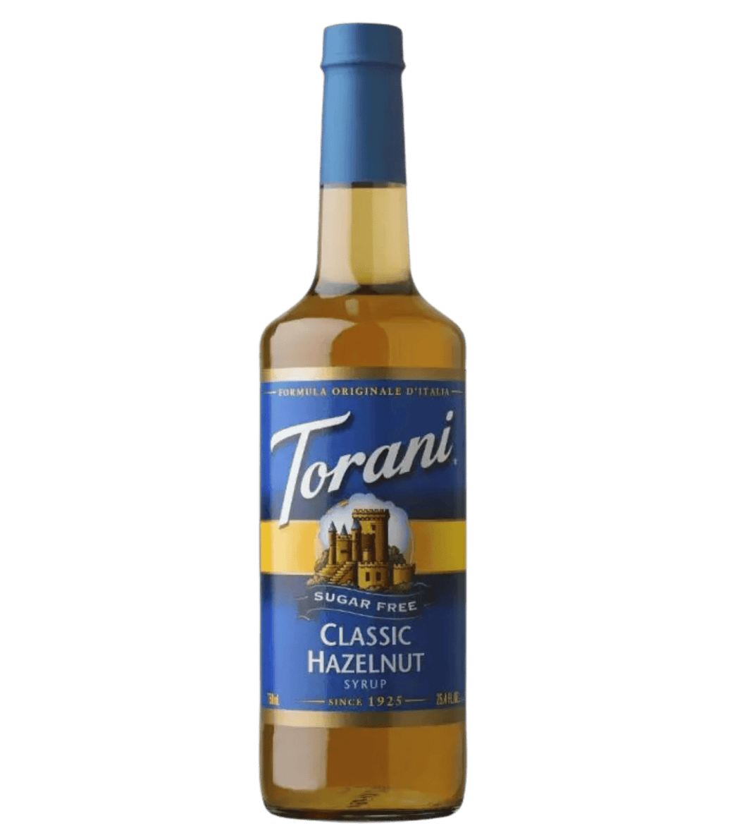Torani Classic Hazelnut syrup bottle on a transparent background