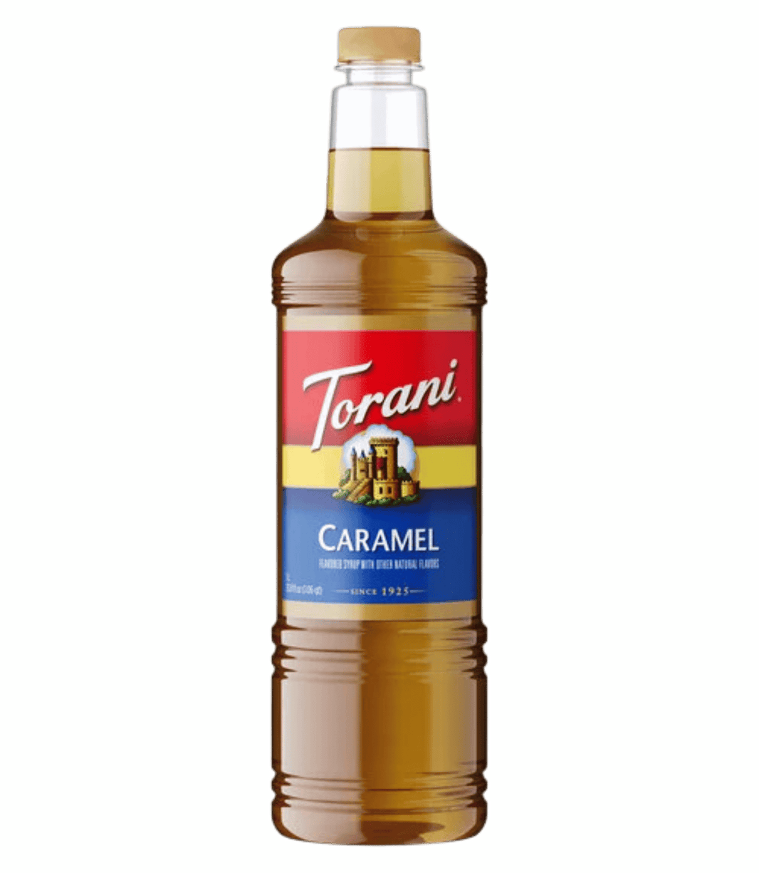 Torani Caramel syrup bottle on a white background