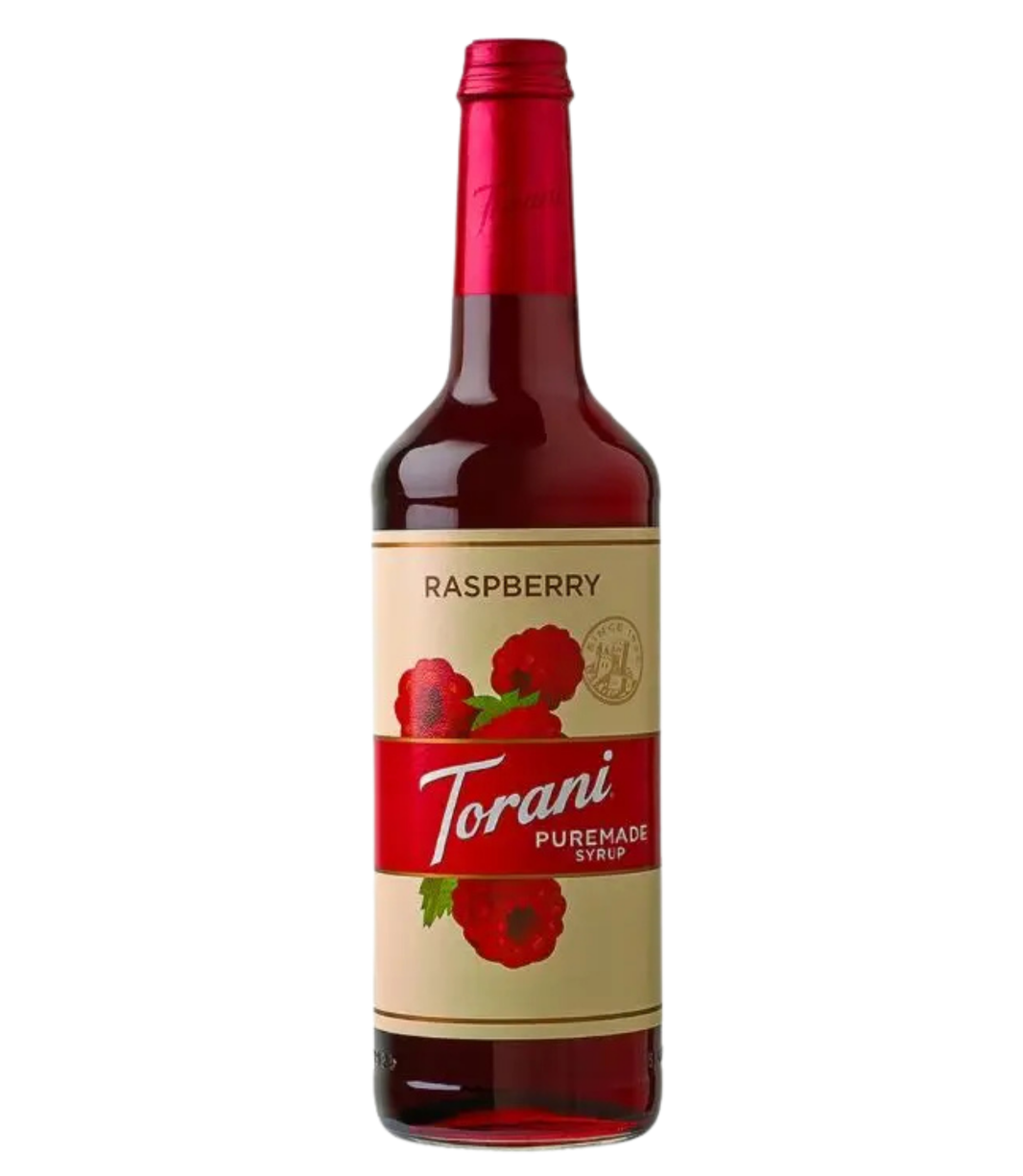 Bottle of Puremade Torani Raspberry syrup on a white background