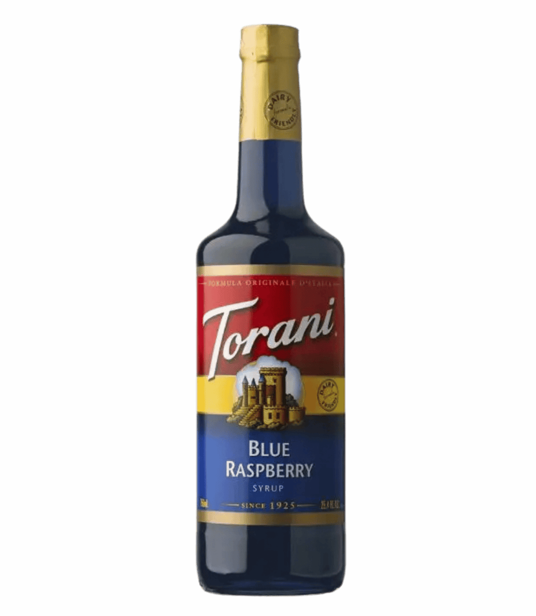Torani Blue Raspberry syrup bottle on a transparent background