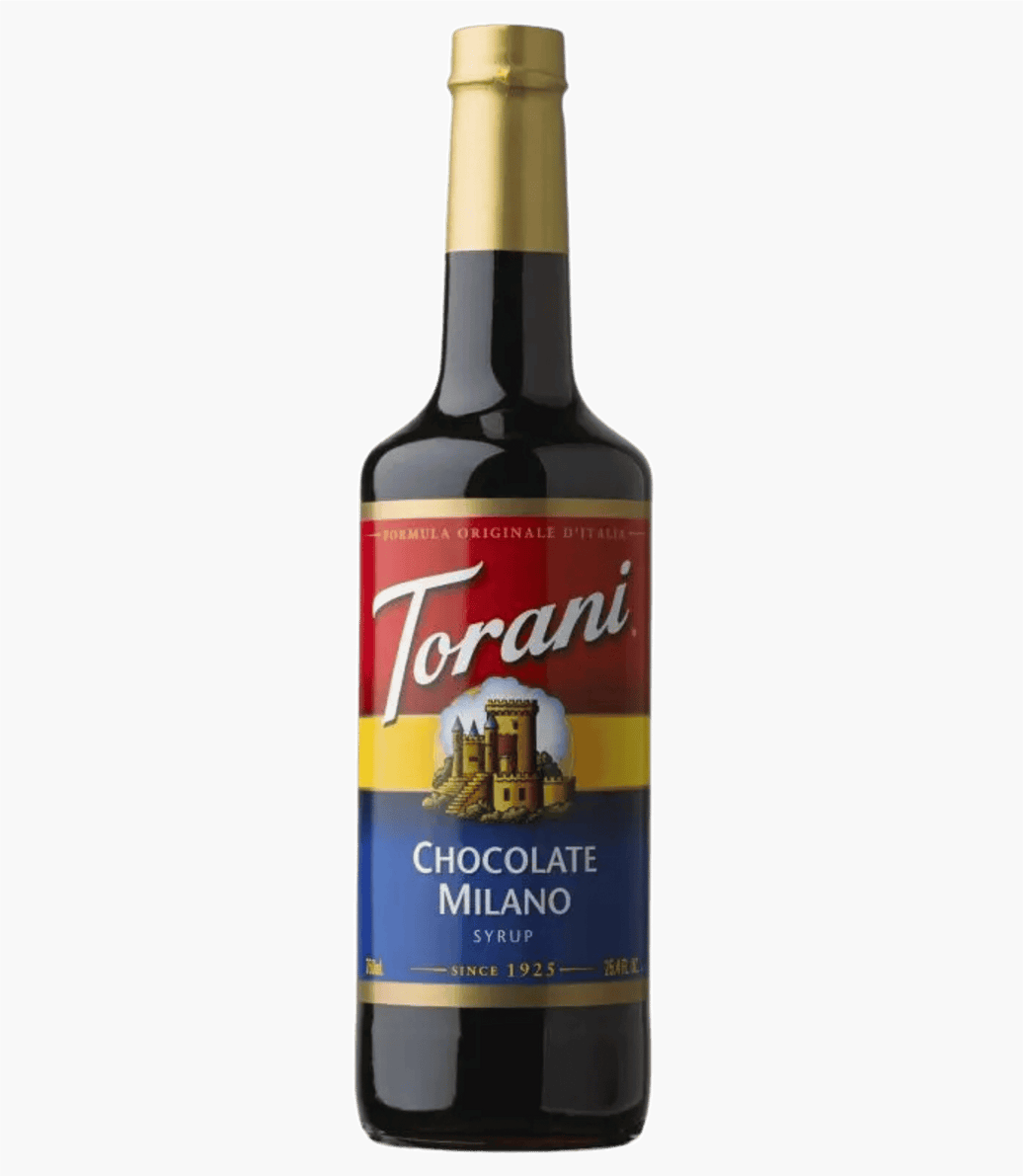 Bottle of Torani Chocolate Milano syrup on a transparent background
