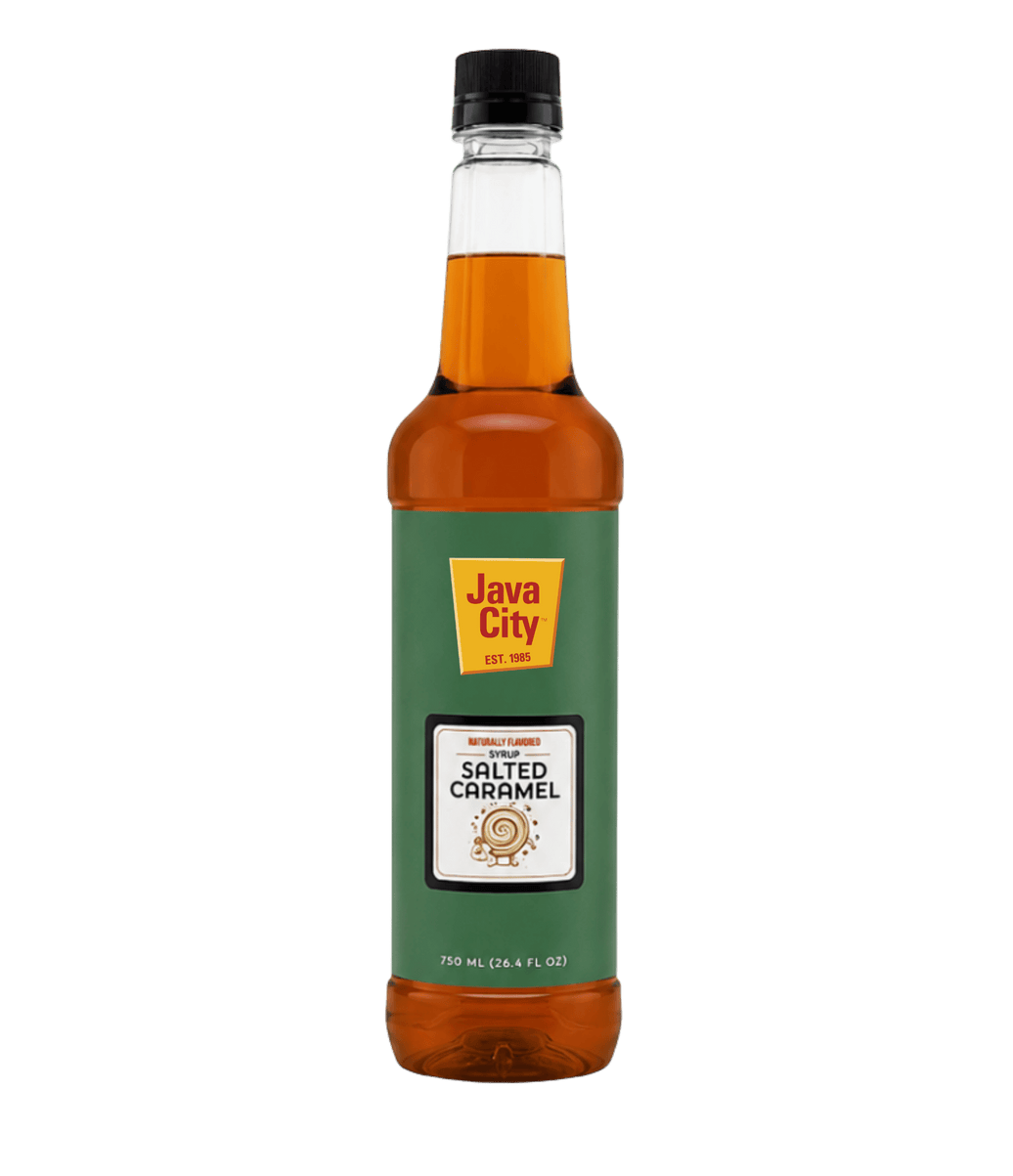 A bottle of Java City Salted Caramel Syrup against a solid dark green background. The syrup inside the clear bottle is amber brown, and the label is dark green with a yellow Java City logo.