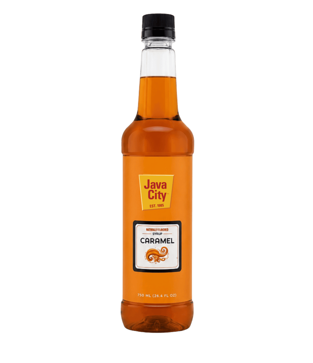 A bottle of Java City Caramel Syrup on a solid white background. The bottle is made of clear glass showing the amber-brown syrup inside, with a black screw cap and an orange label featuring the Java City logo and a caramel graphic.