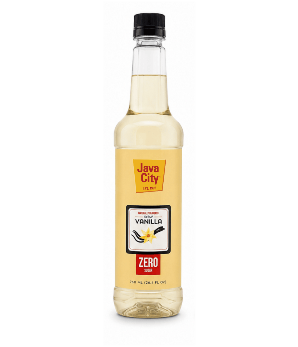 A bottle of Java City Vanilla Zero syrup on a white background with a solid green border.