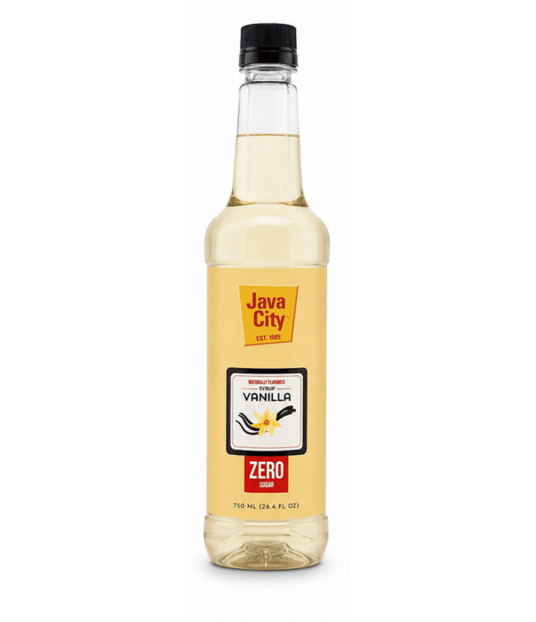 A bottle of Java City Vanilla Zero syrup on a white background with a solid green border.