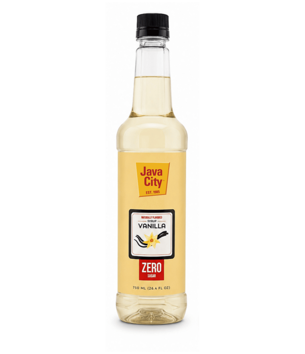 A bottle of Java City Vanilla Zero syrup on a white background with a solid green border.