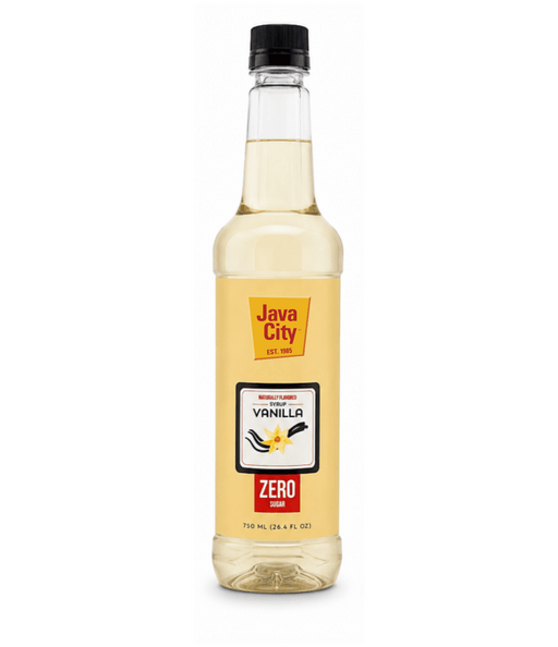 A bottle of Java City Vanilla Zero syrup on a white background with a solid green border.