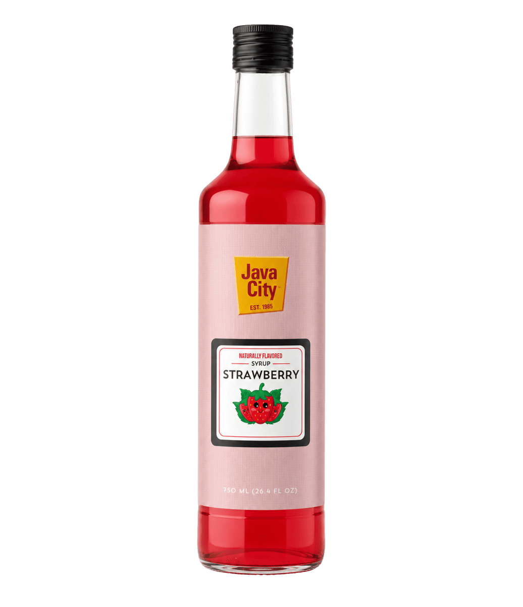 A bottle of Java City Strawberry Syrup with a light pink label, red liquid inside, and a black cap, shown on a plain white background.