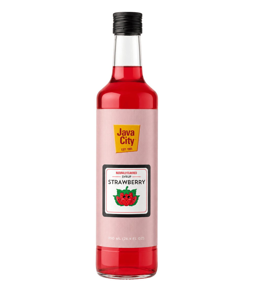 A bottle of Java City Strawberry Syrup with a light pink label, red liquid inside, and a black cap, shown on a plain white background.