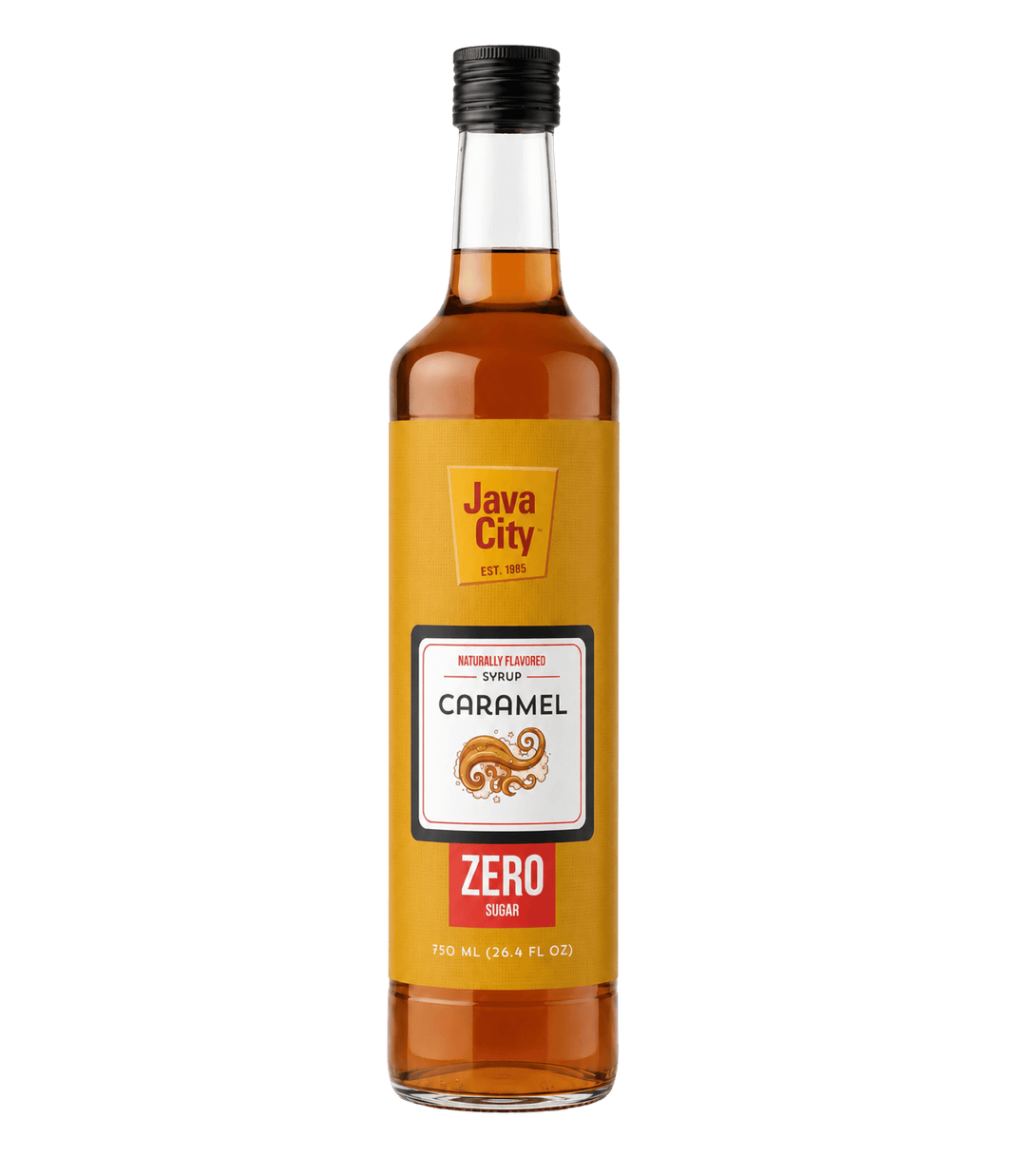 A bottle of Java City Caramel Zero Non-Alcoholic Sweetener, 750 mL, featuring a golden-yellow label with a white and red logo panel, filled with amber liquid, and sealed with a black cap, set against a plain white background.