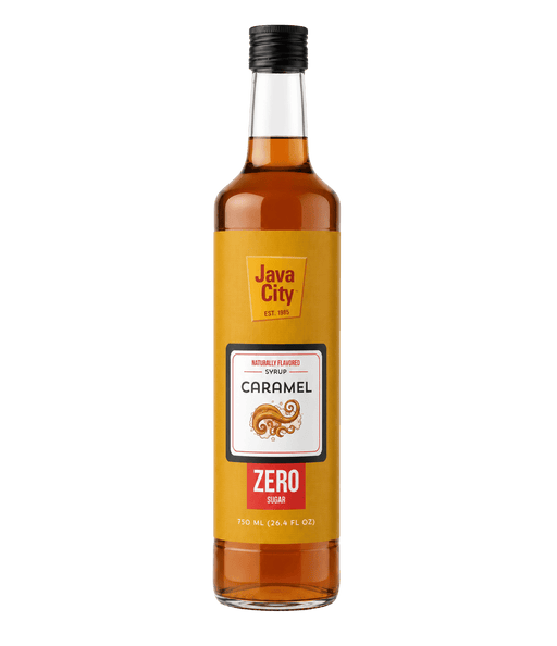 A bottle of Java City Caramel Zero Non-Alcoholic Sweetener, 750 mL, featuring a golden-yellow label with a white and red logo panel, filled with amber liquid, and sealed with a black cap, set against a plain white background.