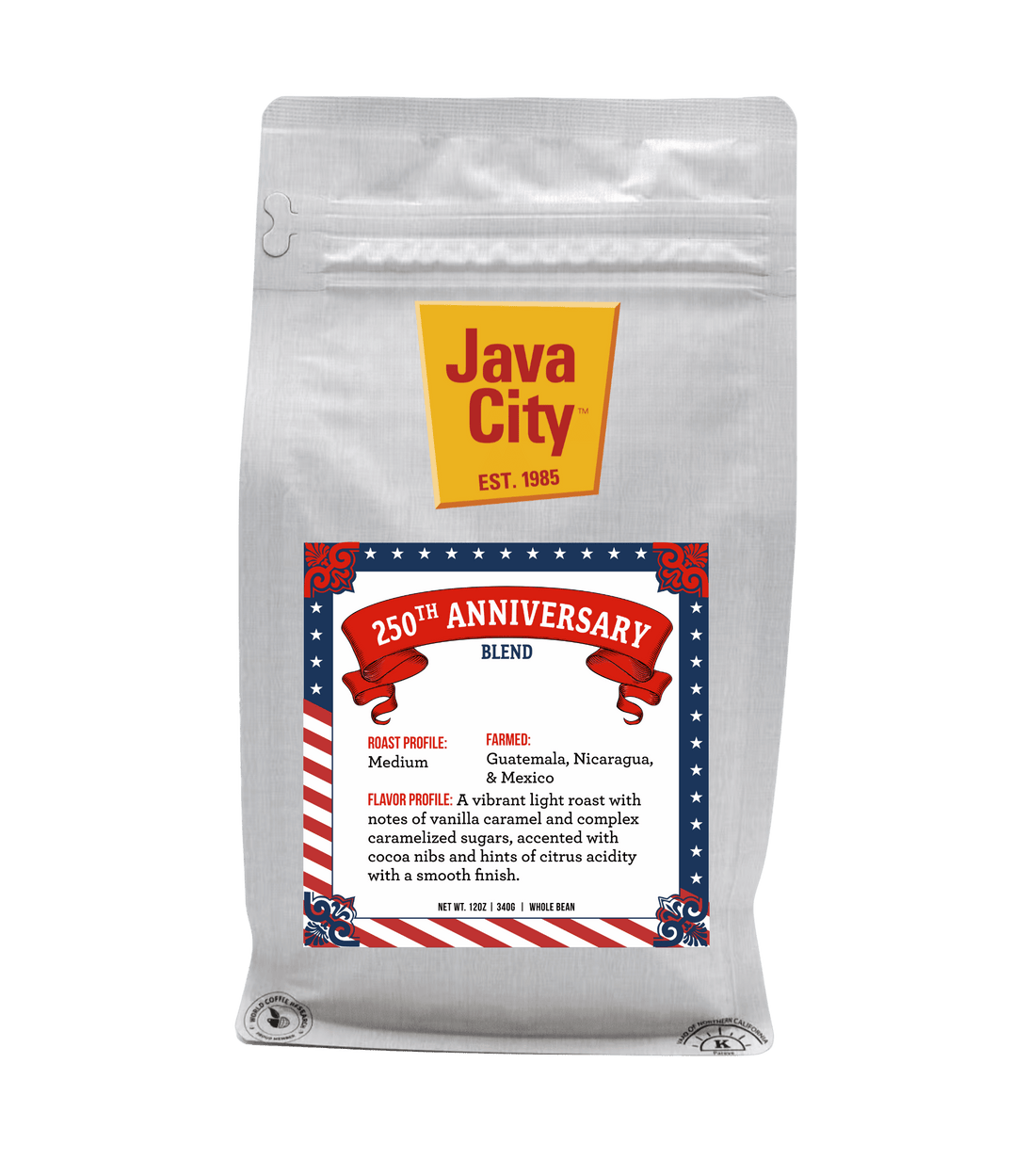 Java City coffee bag with 250th Anniversary blend label on a green background