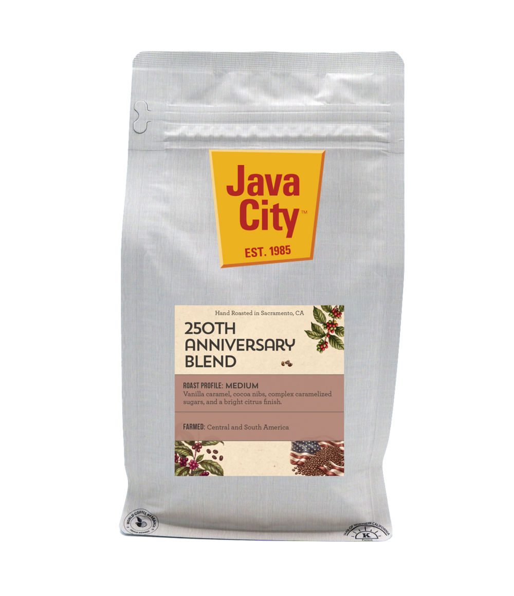 A silver stand-up coffee bag with a yellow and red Java City logo and a beige label reading '250th Anniversary Blend' on a white background.