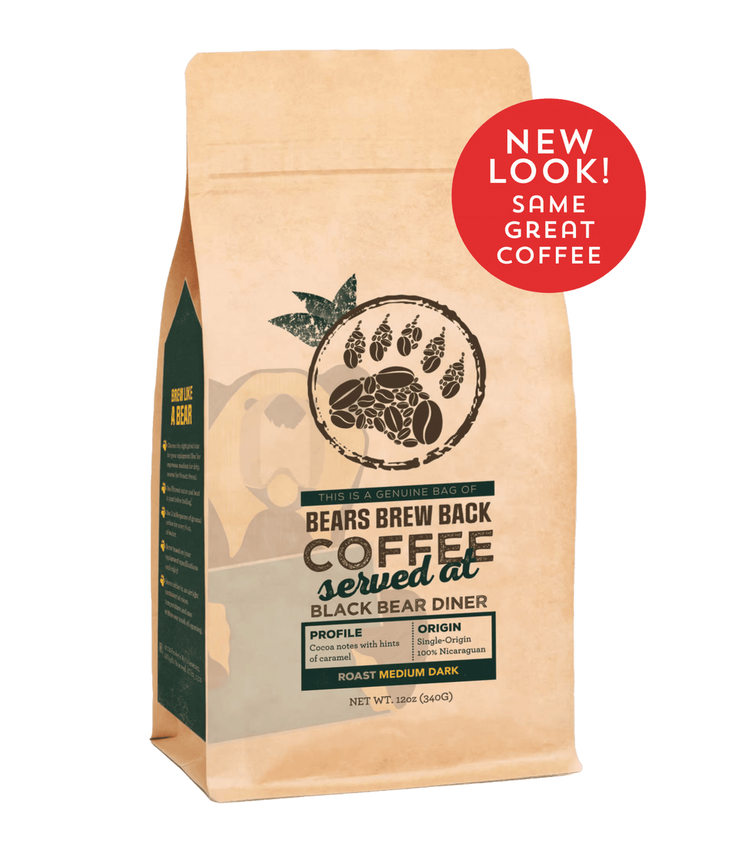 Coffee bag of the Black Bear Diner Blend with bear-themed design and 'New Look! Same Great Coffee!' text on a transparent background