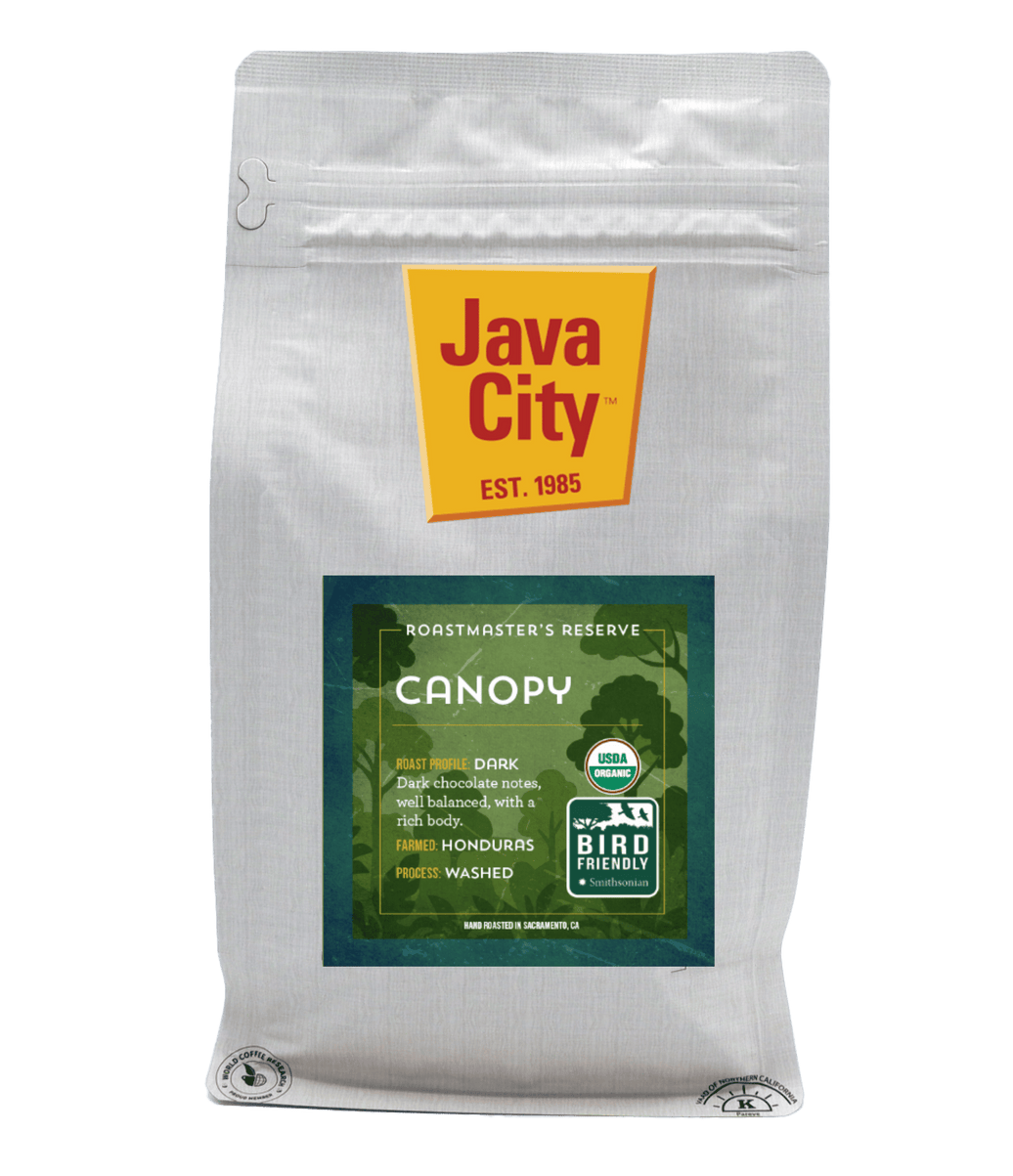 Java City coffee bag with 'Canopy' label on a white background