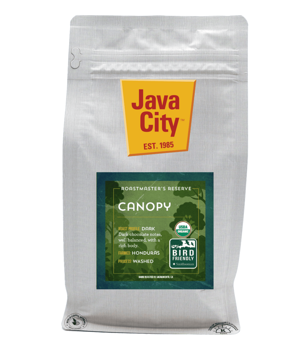 Java City coffee bag with 'Canopy' label on a white background