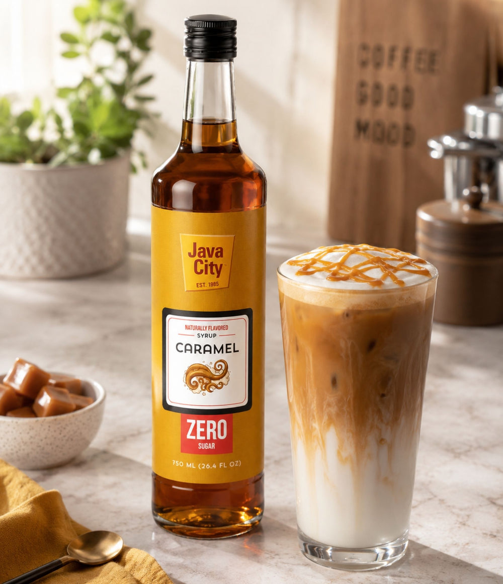 A bottle of Java City Caramel Zero Sugar syrup stands on a marble countertop beside a tall glass of iced coffee or latte topped with caramel drizzle. A small bowl of caramel cubes, a plant, and a wooden sign reading 'COFFEE GOOD MOOD' are visible in the softly lit background.