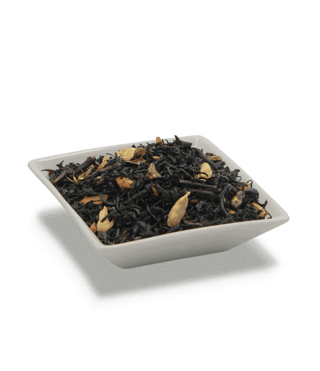 Black tea leaves in a white square bowl on a transparent background