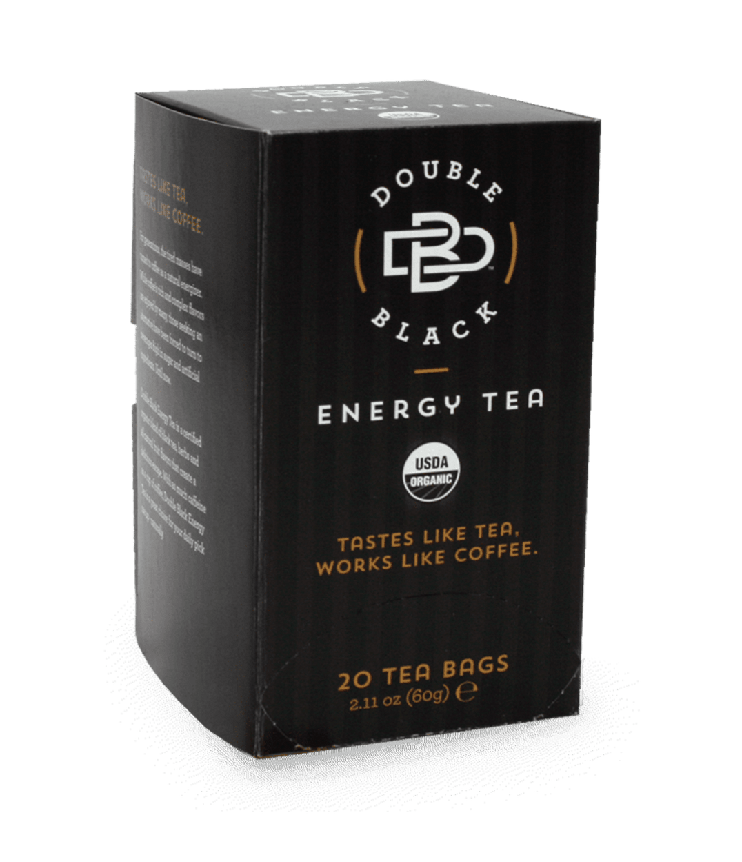 Box of Double Black Energy Tea on a white background