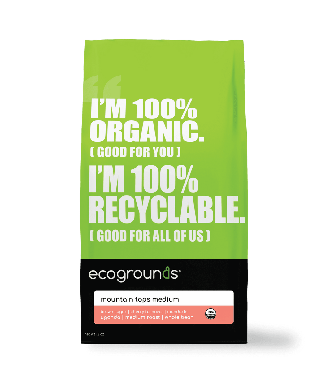 Green coffee bag with text about organic and recyclable qualities on a green background