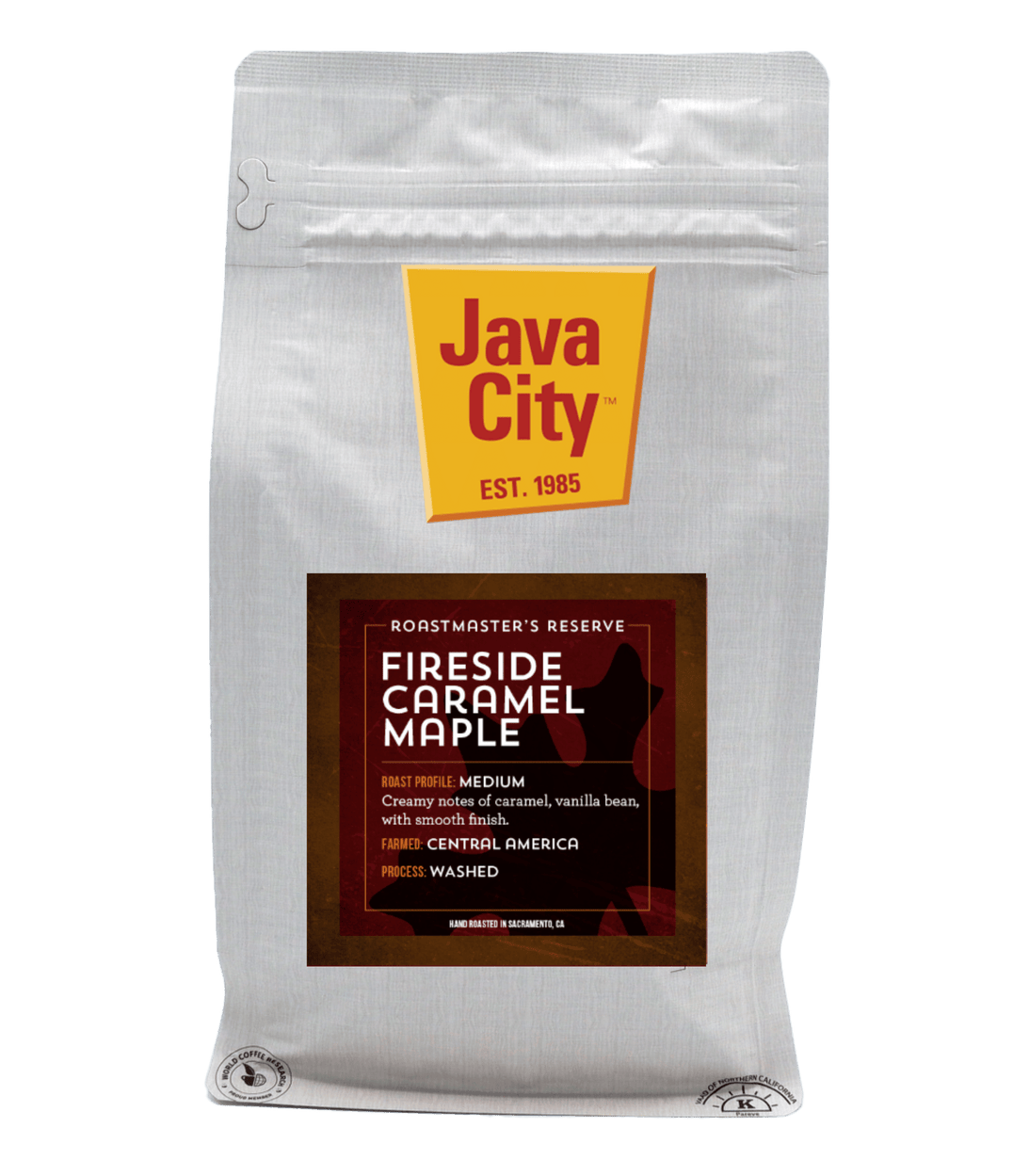 Java City coffee bag with 'Fireside Caramel Maple' flavor description on a transparent background