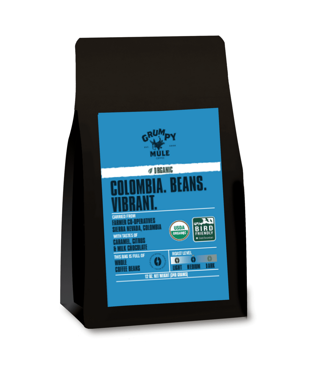 Coffee bag of Grumpy Mule Organic Colombian with blue label on a transparent background