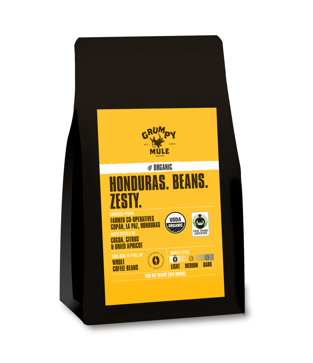 Coffee bag with yellow label featuring 'Grumpy Mule Honduras Beans' on a transparent background