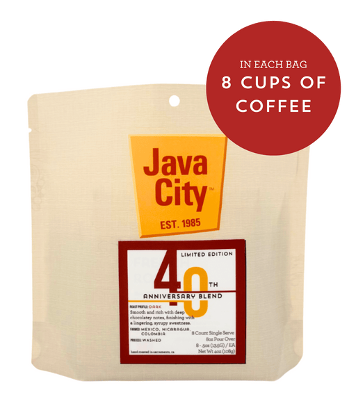 Java City single-serve coffee bag with text indicating 8 cups of coffee per bag