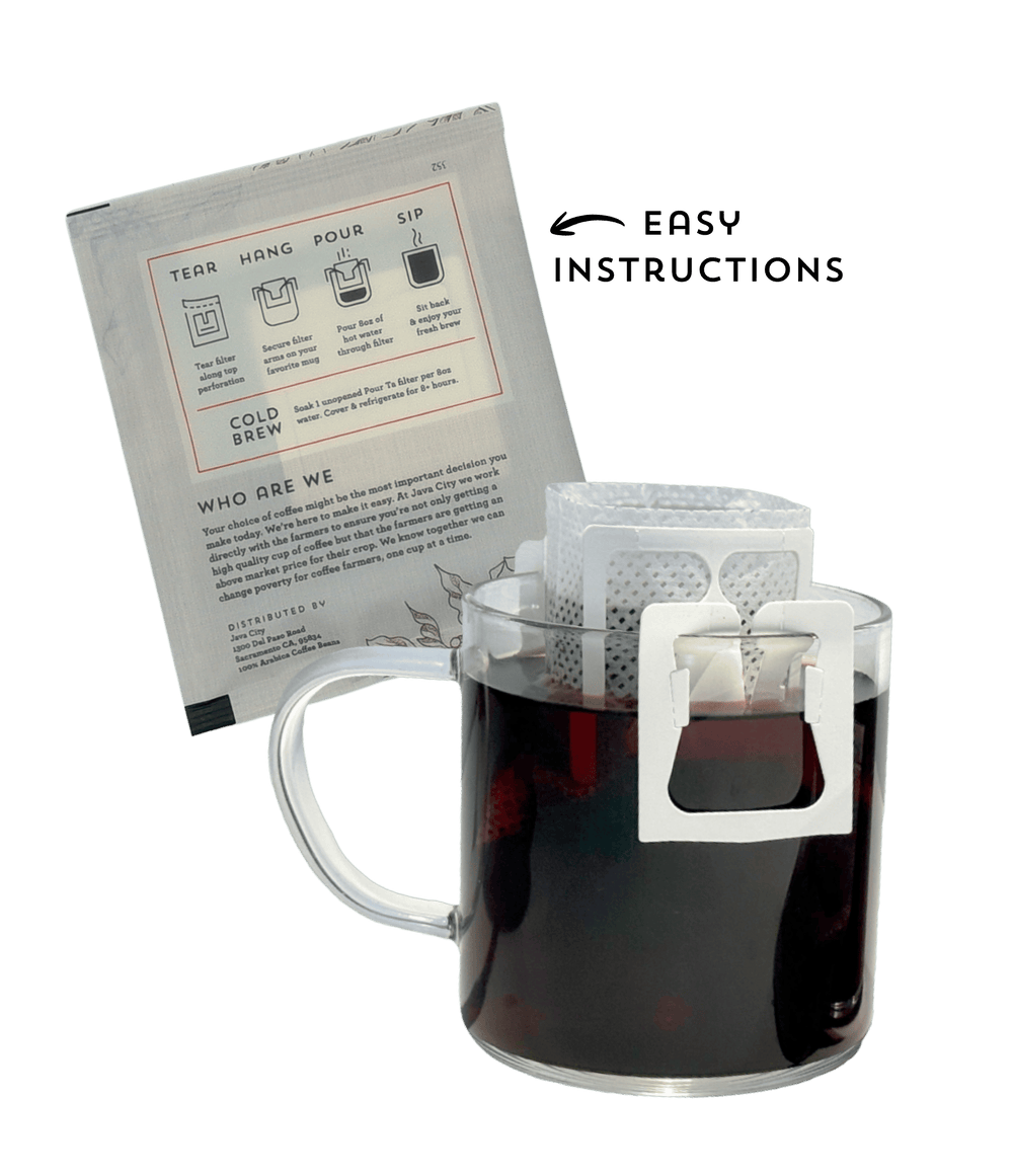 Clear mug with a white filter basket containing a tea bag, next to a printed instruction sheet on a transparent background. Showing Java City's single-serve pour overs.