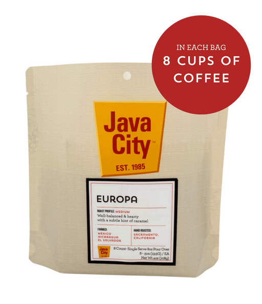 Java City coffee package single-serve bag with text indicating 8 cups of coffee per bag