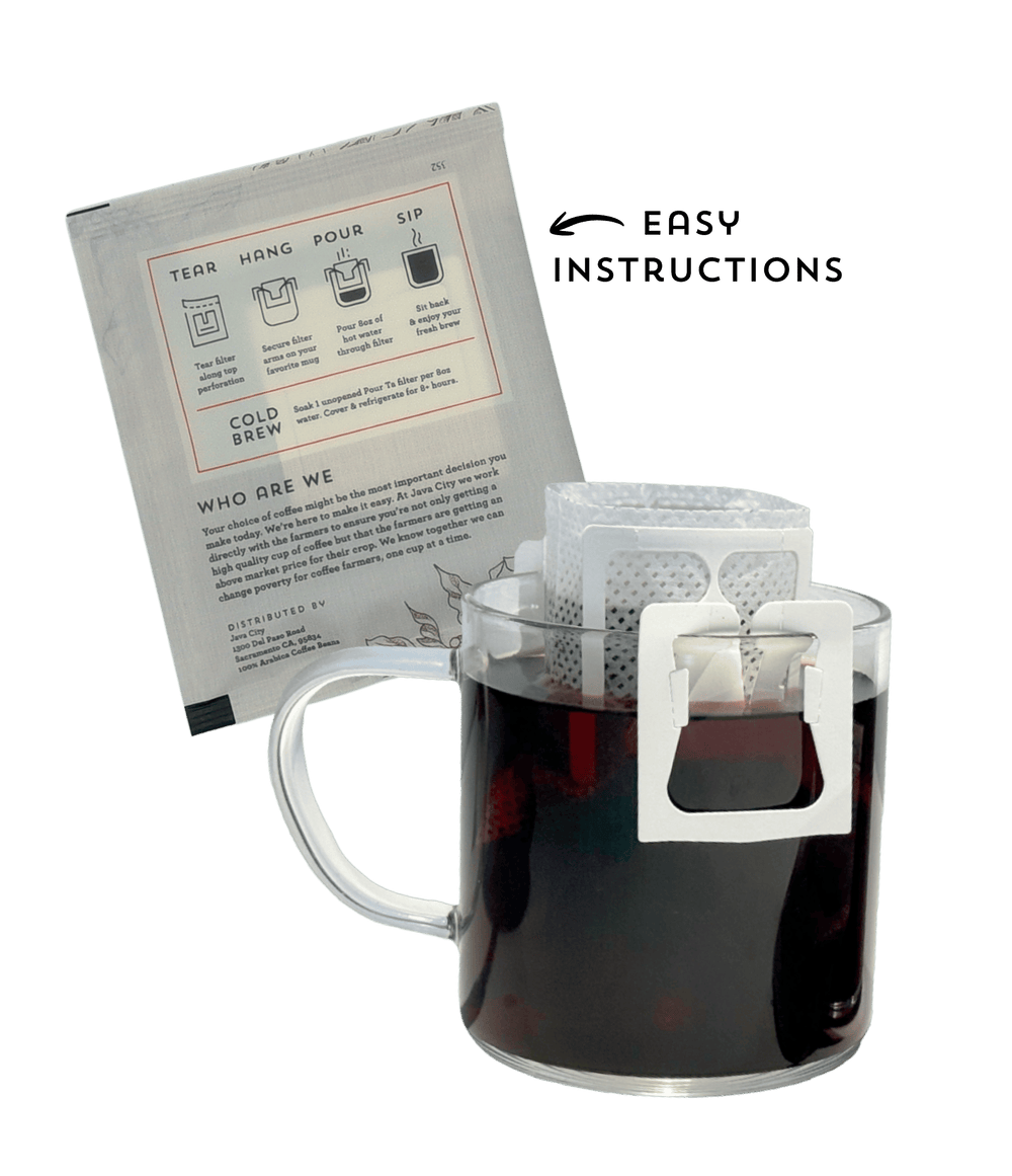 Clear glass mug with a white filter basket filled with dark liquid, next to a paper package with brewing instructions for single-serve pour over on a transparent background.