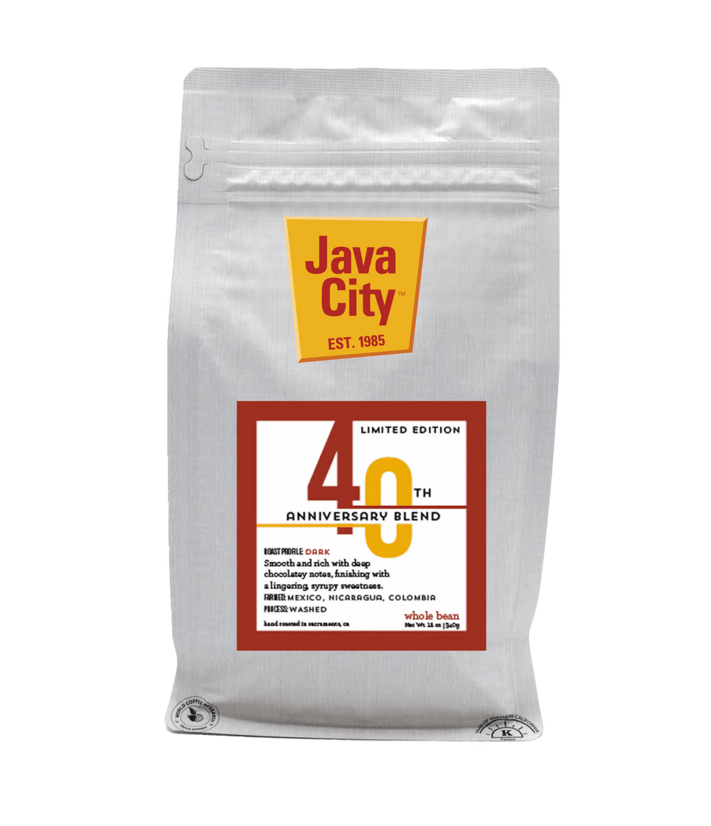 Java City dark roast coffee bag with 40th anniversary blend label on a transparent background