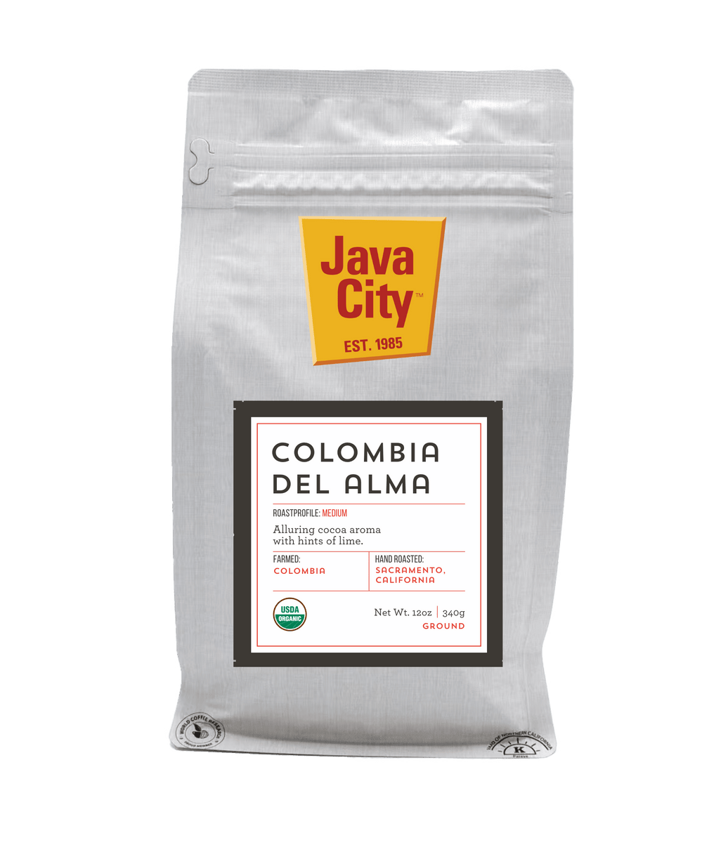 Java City coffee package with 'Colombia Del Alma' on a transparent background