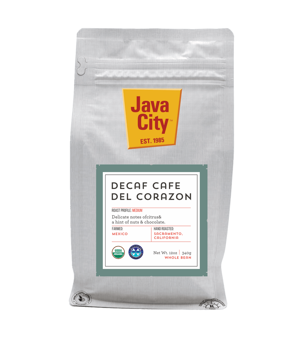 Java City Decaf Cafe Del Corazon coffee package on a transparent background