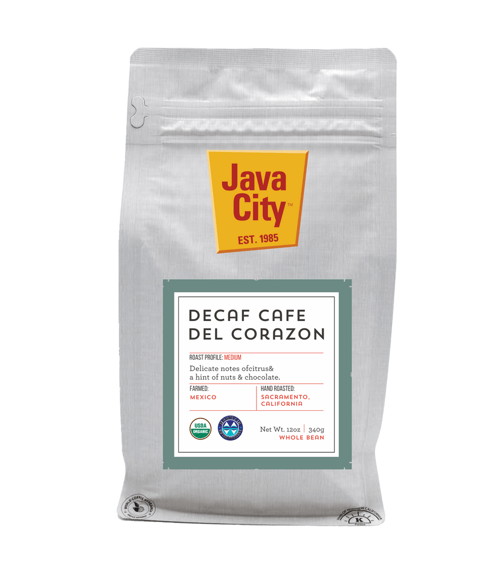 Java City Decaf Cafe Del Corazon coffee package on a transparent background