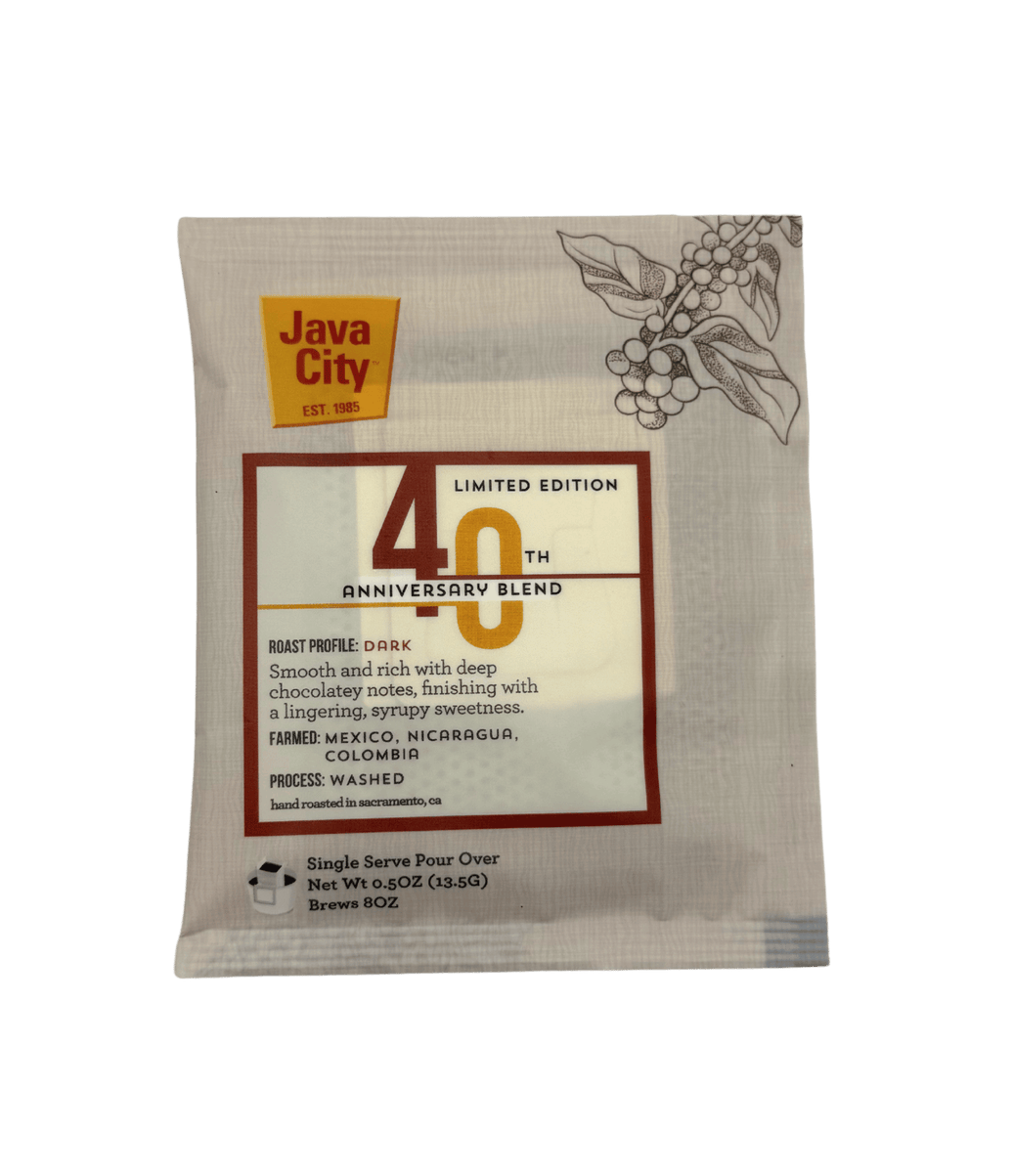 Java City 40th Anniversary Blend coffee single-serve package on a transparent background