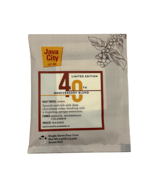Java City 40th Anniversary Blend coffee single-serve package on a transparent background