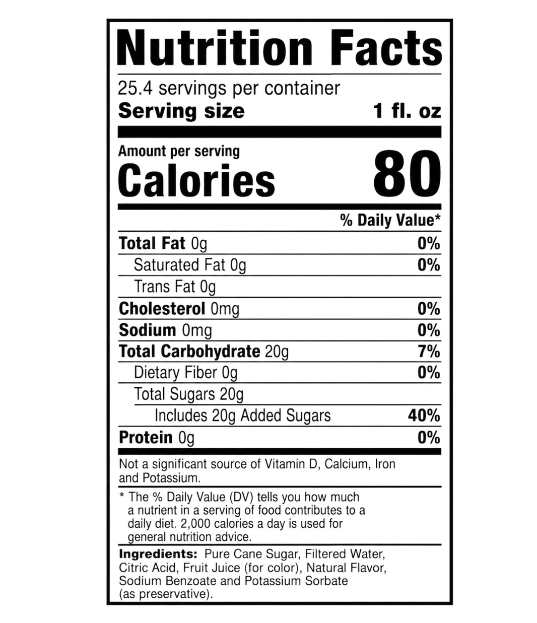 image A Nutrition Facts label for a 1 fl. oz. serving size, showing 80 calories per serving with a white background and black text.