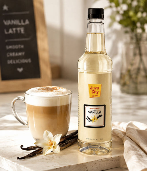 A bottle of Java City Vanilla Extract syrup stands next to a glass mug of vanilla latte on a marble surface, with vanilla beans, a flower, and a chalkboard sign in a warm kitchen-like setting.