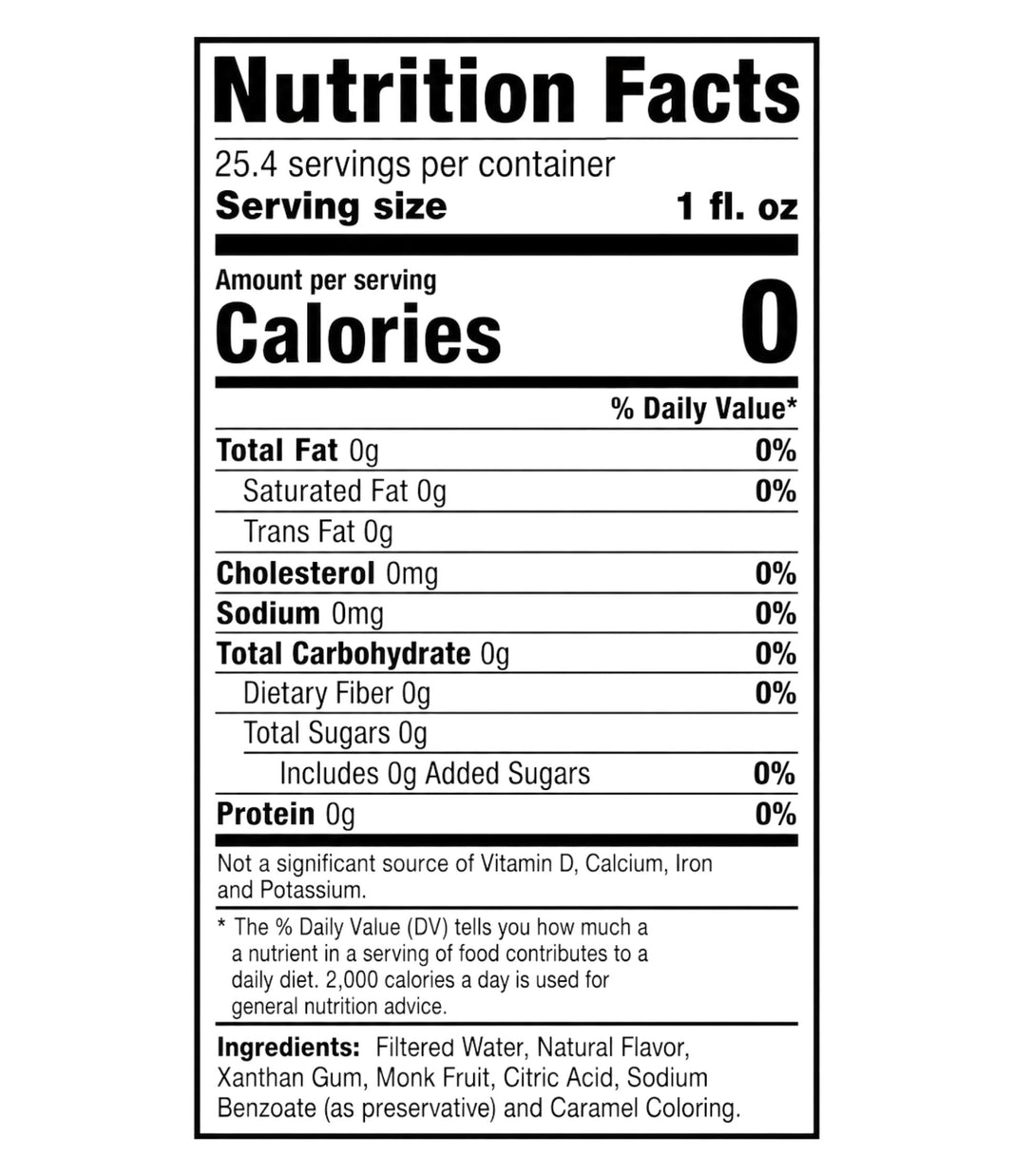 image A Nutrition Facts label for a product with 0 calories, 0 fat, 0 cholesterol, 0 sodium, 0 sugar, and 0 protein, showing ingredients listed at the bottom on a white background.