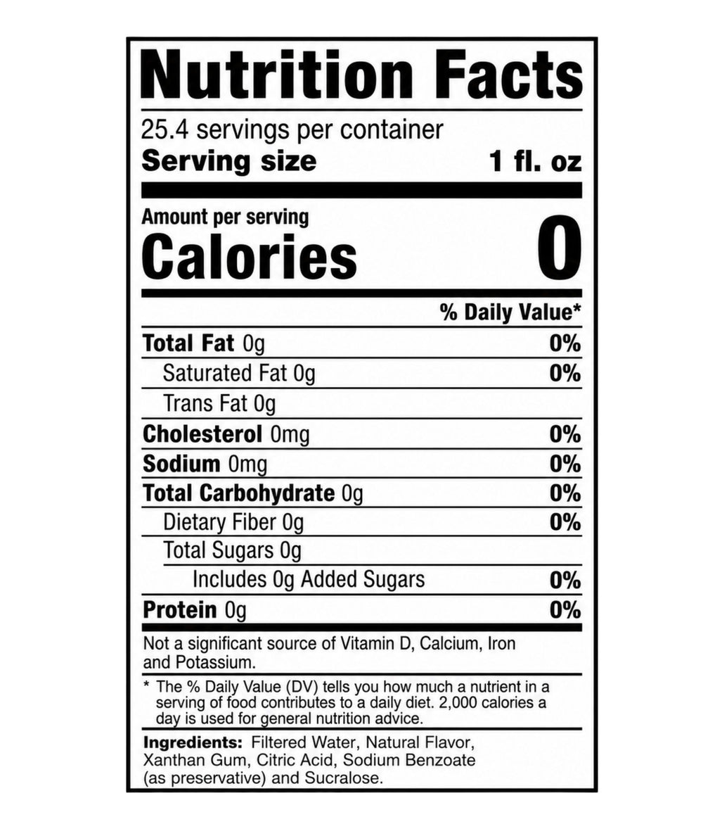 A black and white Nutrition Facts label showing a 0-calorie product with 1 fl. oz serving size, including a list of ingredients at the bottom.