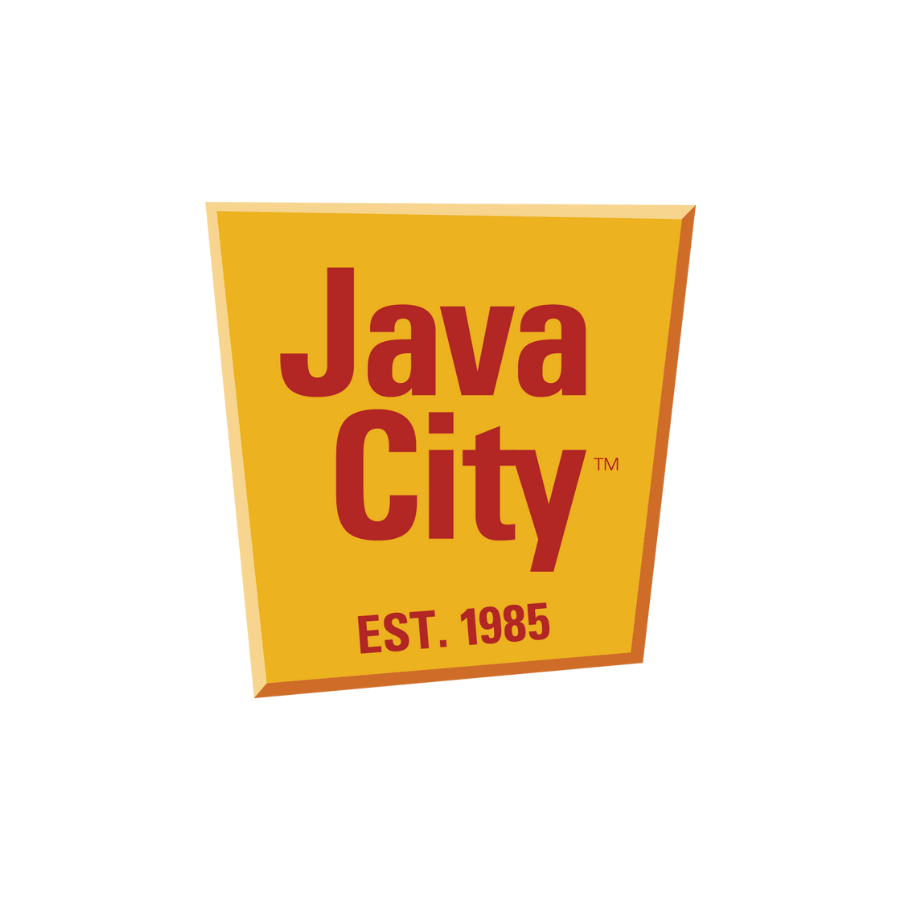 Java City logo with yellow background and red text on a transparent background